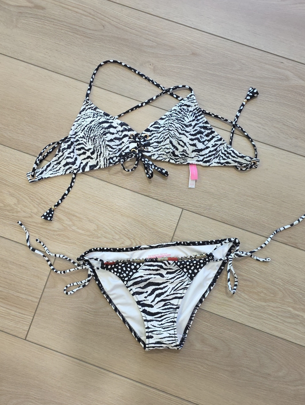 Victoria's Secret Zebra Print Bikini Set With Tie-side Bottom And Lace-up Top